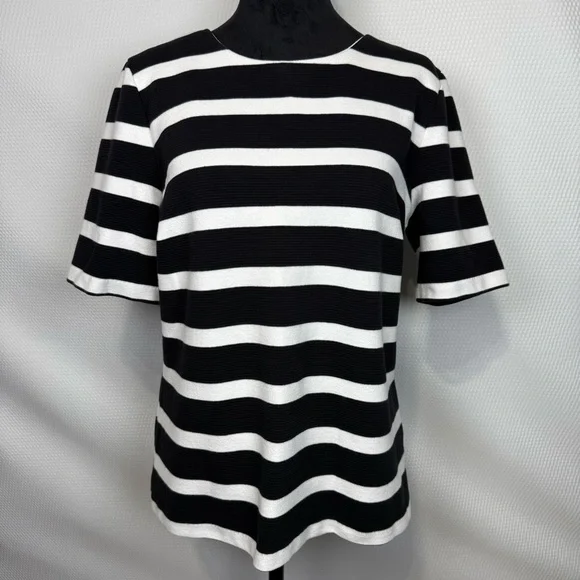 Talbots Lace-Back Black & White Striped Short Sleeved Knit Top Large - Picture 1 of 9